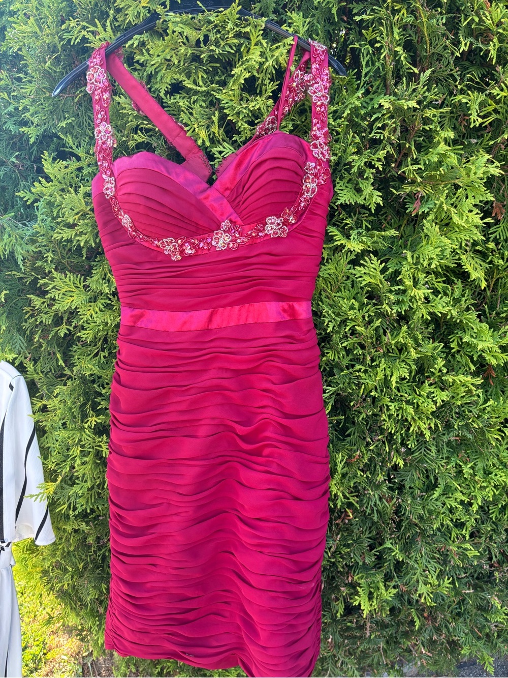 Faviana Red Ruched Cocktail Dress with Floral Beaded Straps